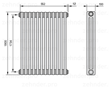 Схема (чертеж) Радиатор Zehnder Charleston 3180/12 №1270 Technoline TL